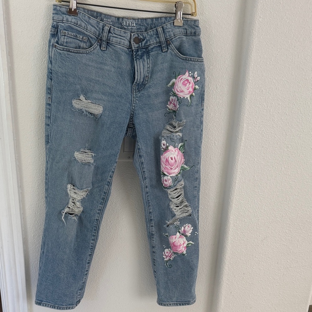 a.n.a Light Blue Boyfriend Jeans with Pink Rose hand painted
